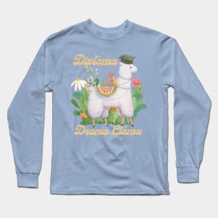 College Graduation Funny Quote Diploma Drama Llama, Cute Gold Green Waterolor Alpaca in Floral Grassy Bush Long Sleeve T-Shirt